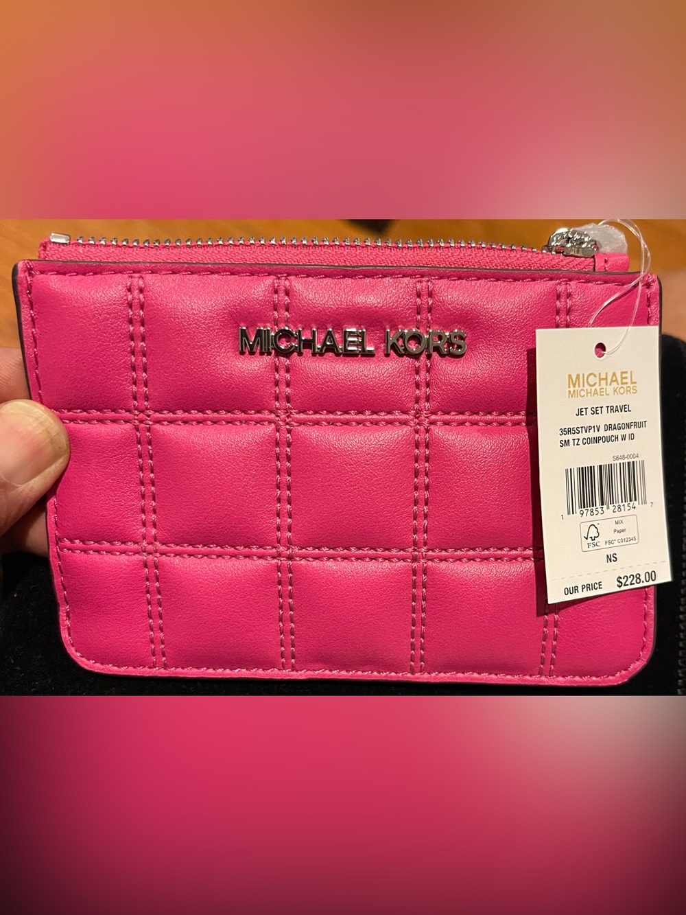 MICHAEL KORS Quilted Leather Coinpouch with ID Bright Pink with Silver Logo